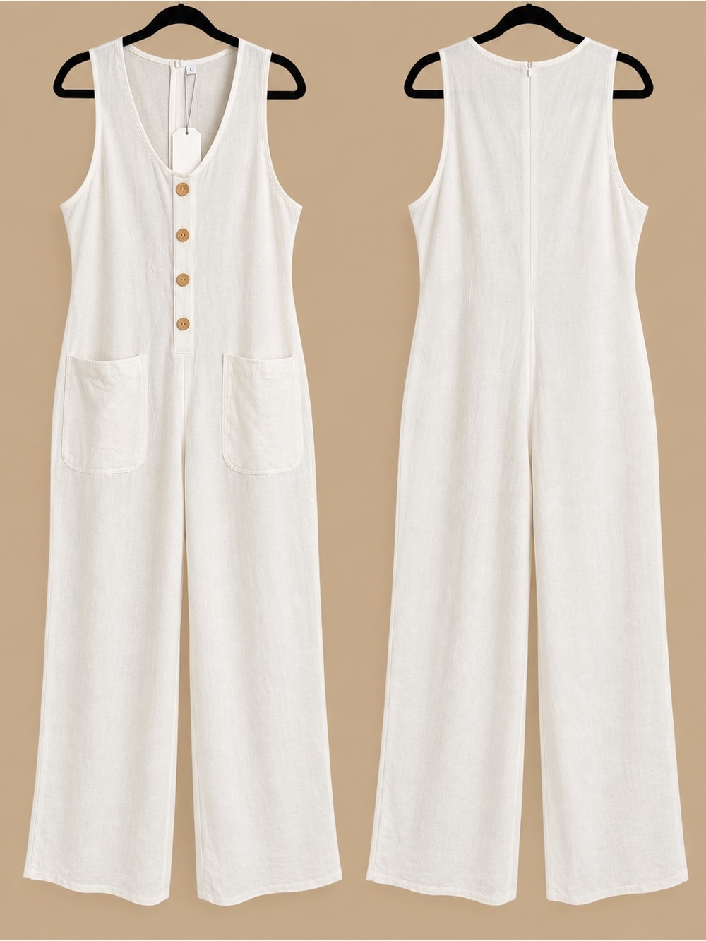 Sleeveless Linen-like White Wide-Leg Jumpsuit with Front Buttons